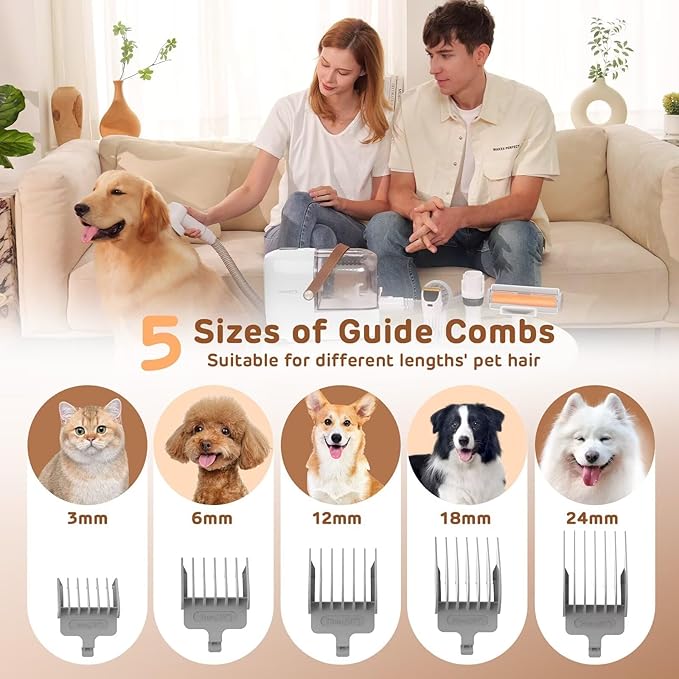 Dog Grooming Vacuum Kit - 3L Vacuum with 7 Tools, Low Noise Electric Clipper and Brush for Pet Shedding at Home, White