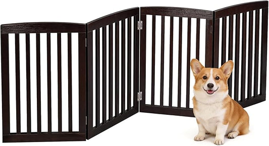 ZENY Freestanding Pet Gate for Dogs - 4 Panels Indoor Foldable Dog Fence for Stairs, Hallways, or Doorways - 82x24-Inch Freestanding Dog Gates, Brown