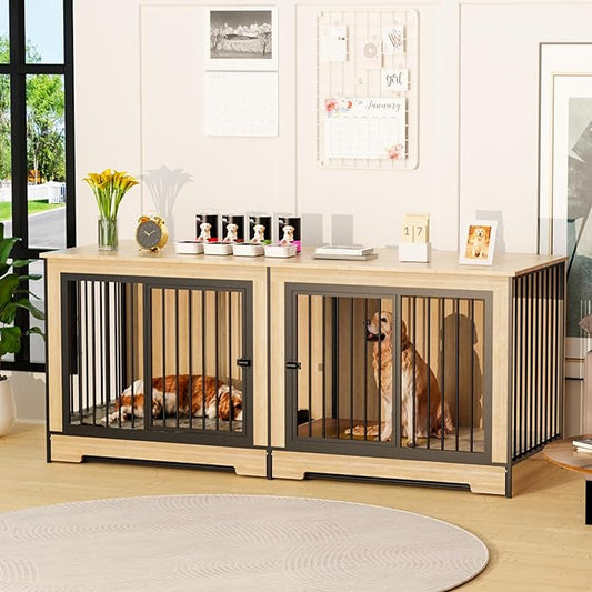 74.8" Double Dog Crate Furniture with Divider, XL Dog Crate Dog Kennel Indoor for Large Medium Small Dogs, Wooden Dog Kennel Furniture with Sliding Door, Dog Cage Furniture for Living Room, Bedroom
