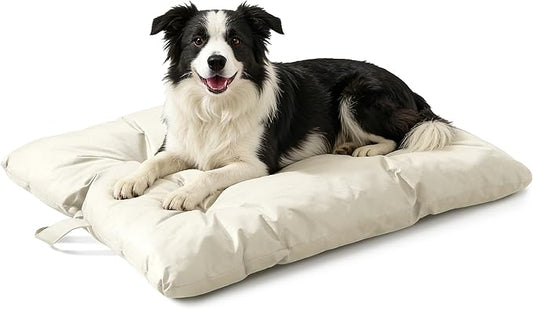 Chew Resistant Dog Bed for Large Dogs - Durable 41"x27" Kennel Pad with Soft Plush Filling, Machine Washable Crate Mat for Aggressive Chewers, Indoor Outdoor Pet Bed, Beige