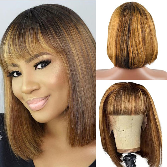 Rebasar Highlight Bob Wigs Human Hair 10 Inch Wigs With Bangs Bob Wigs For Black Women Human Hair Glueless Brazilian Virgin Stra