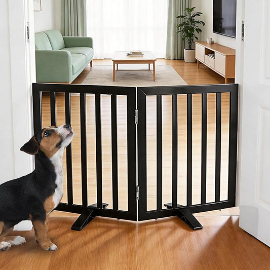ZJSF Freestanding Indoor Dog Gate for House Foldable Wood Puppy Gate for Doorways Pet Gate for Stairs Extra Wide Pet Fence, Black, 24" Height 2 Panels