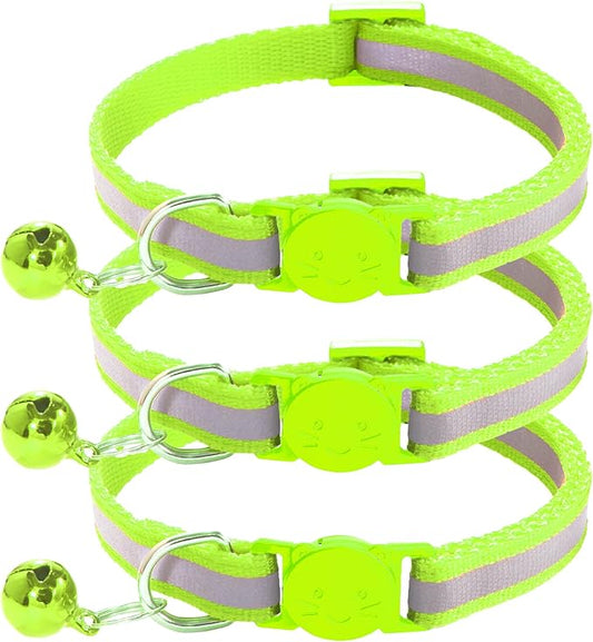 3 Pack Reflective and Breakaway with Bells of Cat Collar，Adjustable from 7.5 to 12.5 Inches, Ideal of Kitten Collar, Suitable for Girls and Boys (Fluorescent Green)