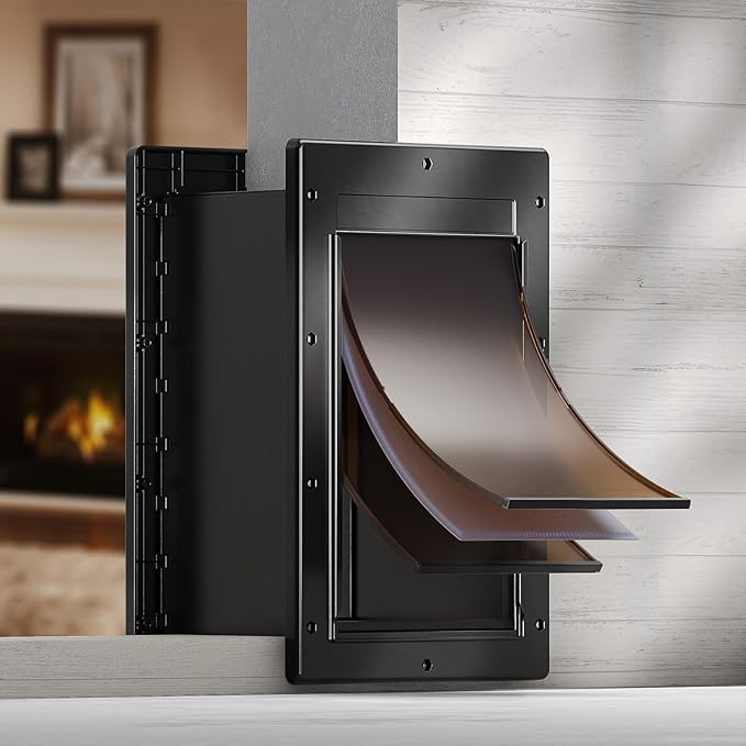 Durable Frame 3-Flap Insulated Wall Dog Door, Extreme Weather Medium Doggie Door for Wall, Never Rust Plastic Wall Pet Door, Telescoping Tunnel, 2 Magnetic Flaps, for Pet Up to 45lb