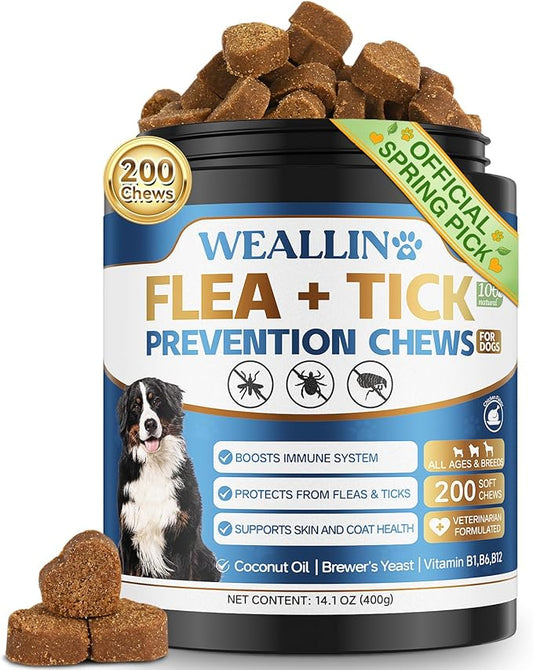 Flea and Tick Prevention for Dogs, 200 Soft Chews for Dog Fleas Ticks Treatment, Natural Dogs Oral Flea Chewables Support Supplement, Flea and Tick Chews for All Breeds & Sizes