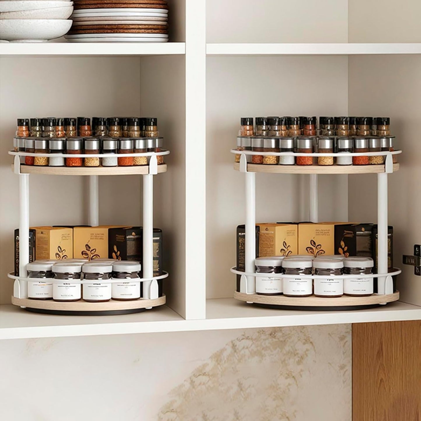 Lazy Susan Organizer, Rotating Spice Rack, 2 Tier Spice Turntable Organizer, Industrial Turntable Spice Holder, for Kitchen Countertop, Compact and Versatile, White and Light Oak SR22WG