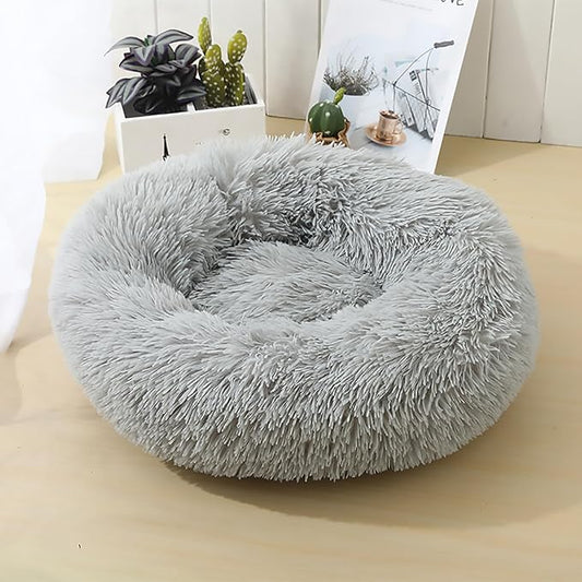Calming Dog Bed for Small Dogs, Calming Donut Cuddler Pet Bed Anti Anxiety Round Dog Bed Fluffy Plush Faux Fur Cat Bed,Gradient Grey,19.7IN