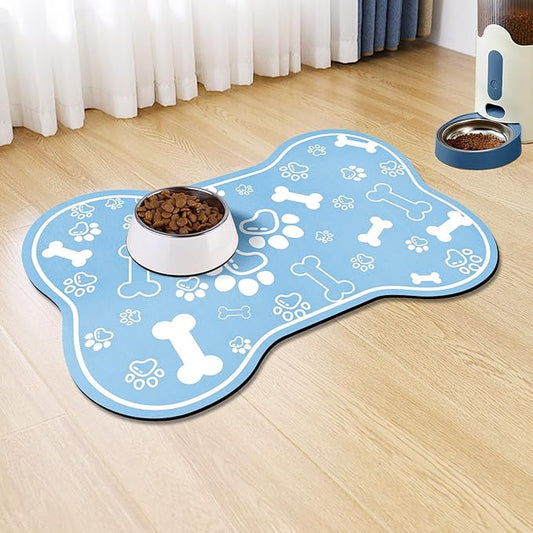 Dog Cat Mat for Food and Water,Rapid Absorbent Pet Feeding Mat, Bone Shaped Dog Placemat Bowl Mat with Rubber Backing,No Stains Pet Food Mats Indoor, Pet Accessories Supplies,Blue 23"×36"