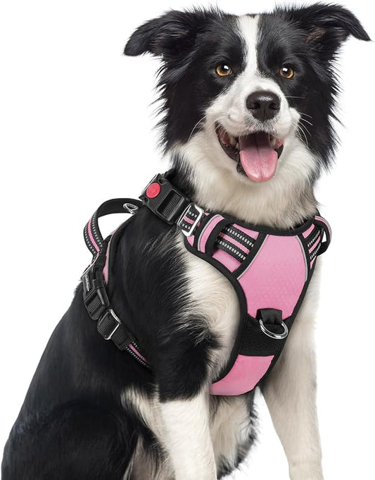 rabbitgoo Dog Harness Medium Sized, No Pull Dog Vest with 3 Buckles, Adjustable Soft Padded Pet Harness with Easy Control Handle and Reflective Strips, Light Pink, M