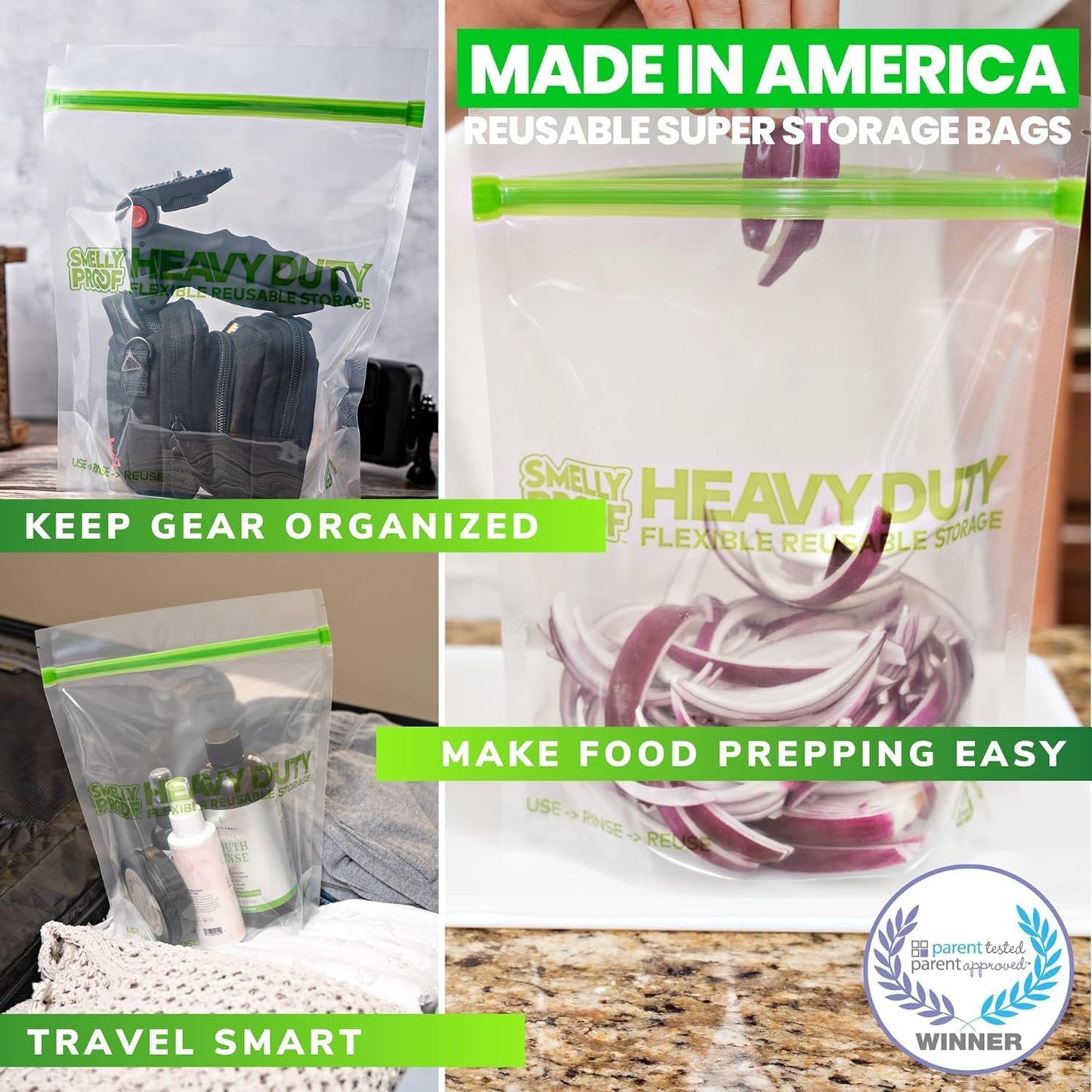 BULK VALUE, Smelly Proof 50-Pack HEAVY DUTY 5-mil Reusable Bags, Stand-Up, Expandable, Dishwasher-Safe, Odor-Proof, Durable Poly Nylon (Non-Silicone) US-Made 8.5" x 10" Quart 50pk
