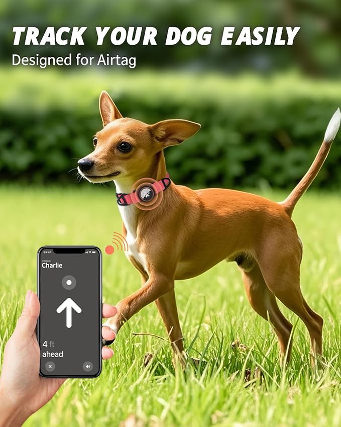 Joytale Airtag Dog Collar, Reflective Pet Collar with Waterproof AirTag Holder, Dual D-Rings, Soft Padded Adjustable for Extra Small and Puppy Dogs, Neon Pink, XS