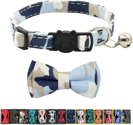 Cat Collar Breakaway with Bell and Bow Tie, Plaid Design Adjustable Safety Kitty Kitten Collars(6.8-10.8in)（Camo 3）