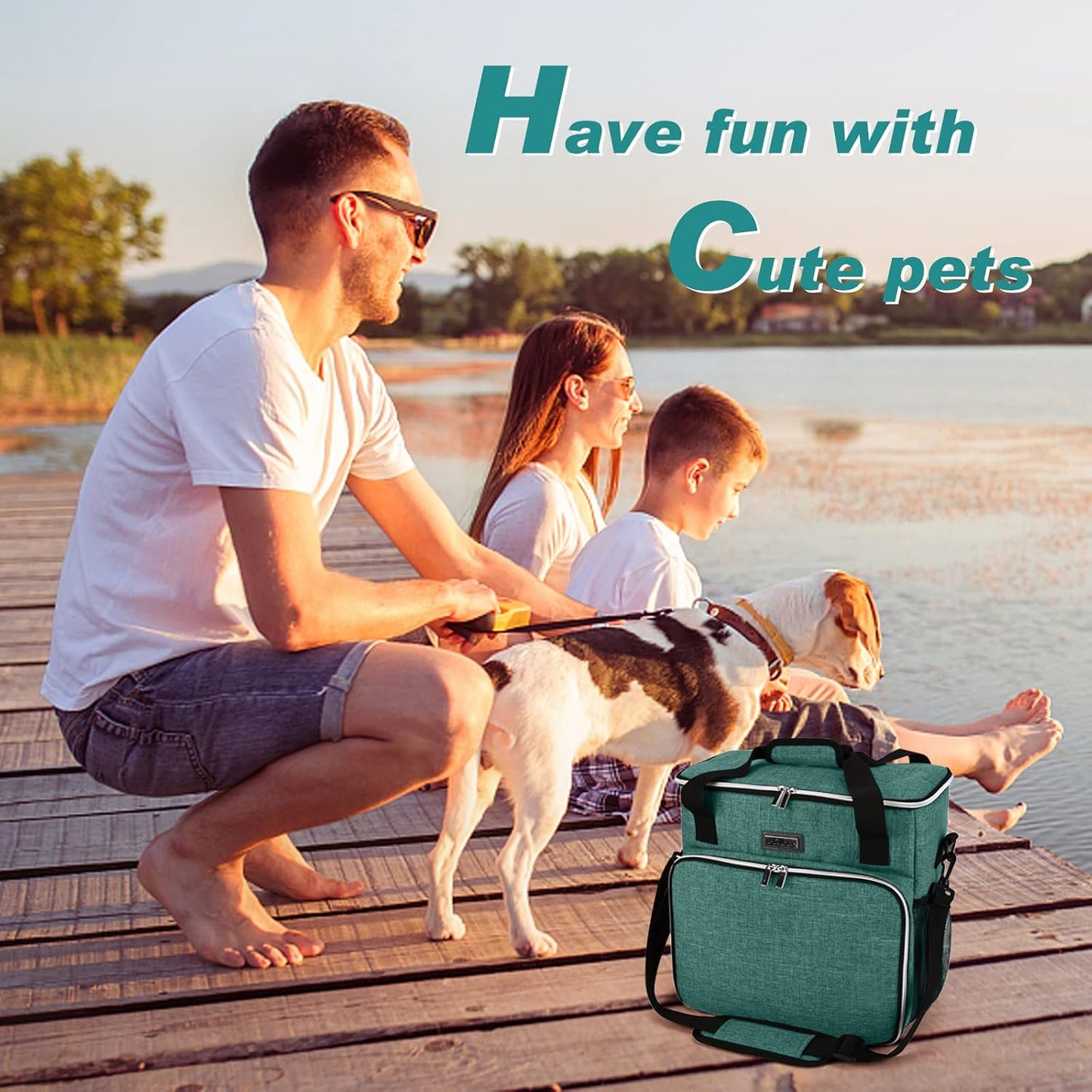 BAGLHER Pet Travel Set Airline-Approved Carrier for Small/Medium Cats & Dogs + Travel Bag with Food Containers & Silicone Bowls, Grey & Green