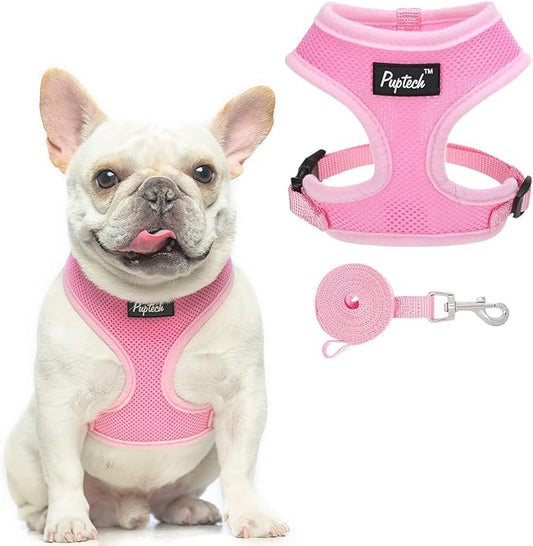 PUPTECK Soft Mesh Dog Harness and Leash Set Pet Puppy Cat Comfort Padded Vest No Pull Harnesses, Solid Pink, S