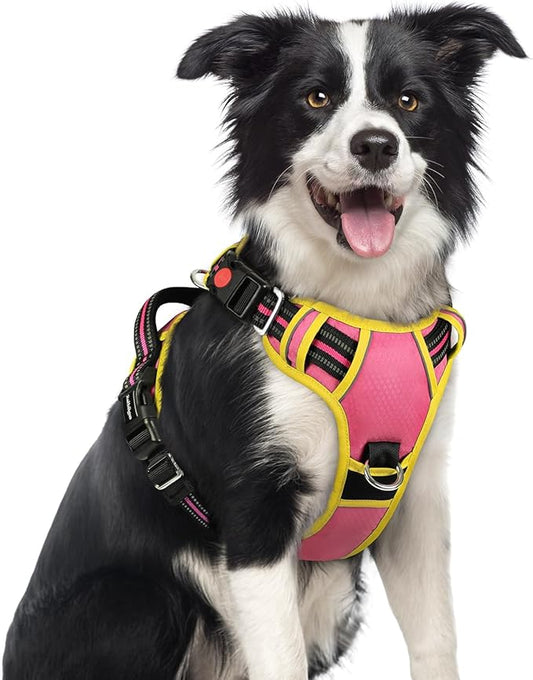 rabbitgoo Dog Harness Medium Sized, No Pull Dog Vest with 3 Buckles, Adjustable Soft Padded Pet Harness with Easy Control Handle and Reflective Strips, Pink & Yellow, M