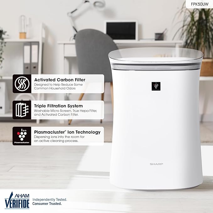 SHARP Air Purifier for Medium Rooms – Covers up to 1,253 sqft in one hour, True HEPA Filter Air Purifier for Pets, Dust, Smoke, Pollen - FPK50UW