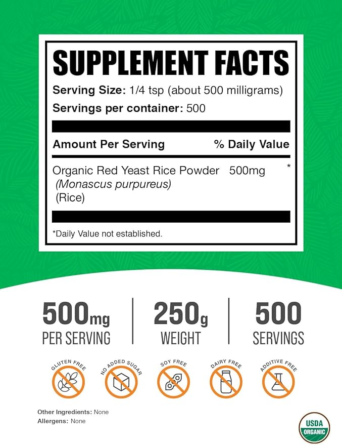 BulkSupplements.com Organic Red Yeast Rice Powder - Red Yeast Rice Supplement, for Heart Health - Vegan-Friendly, 500mg per Serving, 250g (8.8 oz) (Pack of 1)