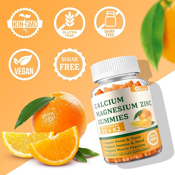 Calcium Magnesium Zinc Gummies with Vitamin D3 & K2 - Sugar Free Calcium Gummies for Women and Men - Bone & Immune Support - Non-GMO, Gluten-Free, Orange Flavored - 60 Gummies