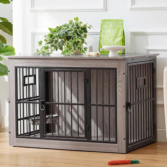 38 Inch Heavy Duty Dog Crate Furniture for Medium Dogs, Decorative Pet House End Table with 3 Doors & Adjustable Bowls, Wooden Cage Kennel Furniture Indoor, Rustic Grey