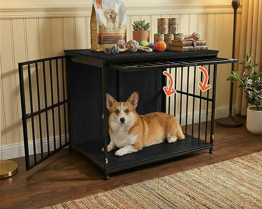 31.5" Dog Crate Furniture with Flip Door, Wooden Dog Kennel Indoor, Heavy Duty Pet Cage for Small Medium Dogs, Double Door Pet House End Table, Black