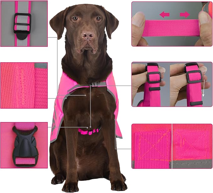 Pink Reflective Dog Vest for 3XLarge Breeds,High Visibility Dog Safety Vest Harness with Removable Bell Keep Safe from Hunting, Training & Cars Accidents