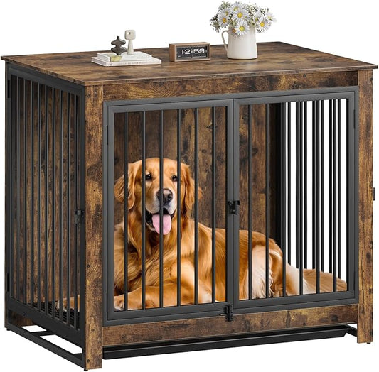 Dog Crate Furniture, 42 Inch Indoor Large Dog Kennel for Medium to Large Dogs Up to 70 LBS, Heavy Duty Wooden Pet Cage End Table with 3 Doors, Alloy Steel Frame & Removable Tray