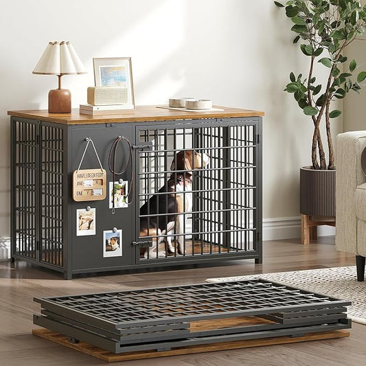 Foldable Dog Crate Furniture, Dog Crate with DIY Frame, Heavy Duty Dog Kennel Indoor with Hooks, Wooden Dog Cage End Table, for Small/Medium Dogs, Rustic Brown and Black DC95BR