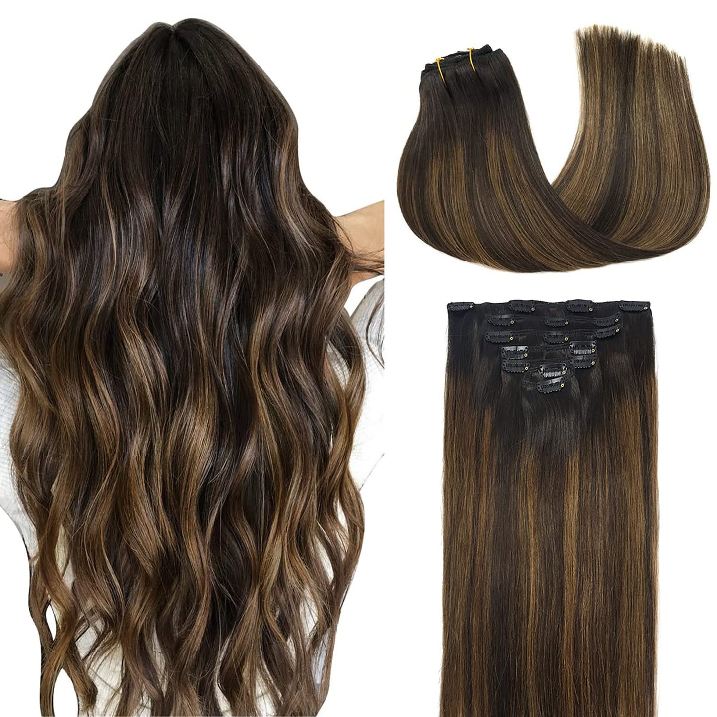 Doores Human Hair Clip In Extensions Balayage Dark Brown To Chestnut Brown 20 Inch Clip In Hair Extensions Straight Natural Hair