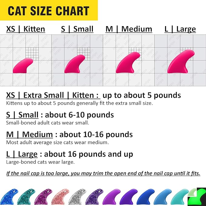 zetpo 12 Colors / 120 pcs Cat Claw Covers | Cats Nail Caps with Adhesives and Applicators (M)