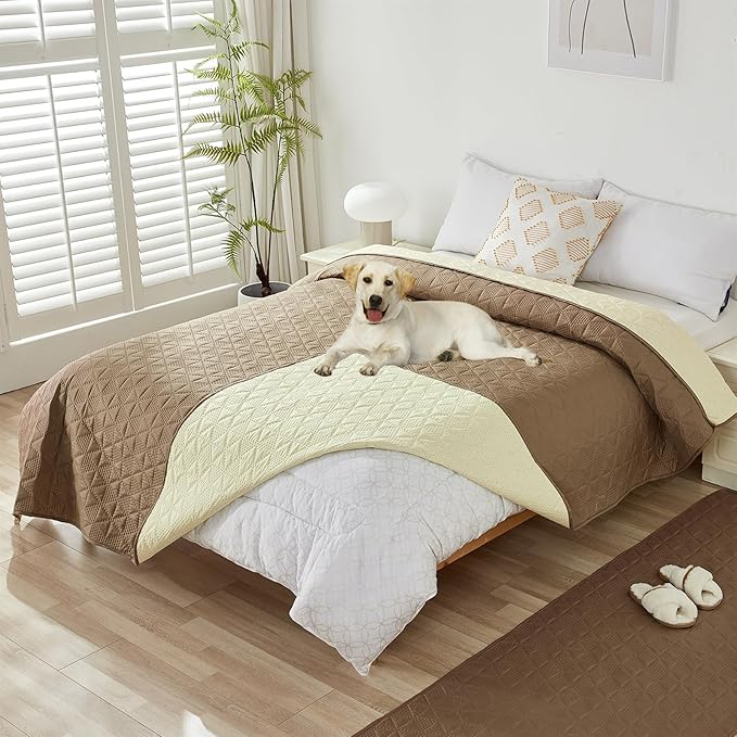 GIBZ Water Resistant Dog Bed Blanket Cover Large Anti Slip Pet Furniture Protector Washable Cat Quilted Mat for Couch, Khaki, 210x210cm