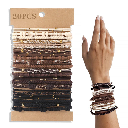 20 Pcs Boho Hair Ties, Nuetral Color Bracelets Hair Ties For Thick Or Thin Hair, 5 Styles Boho Ties For Ponytail Holders, 2.36 H