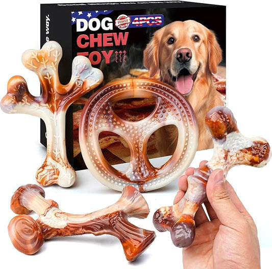 4 Pack Dog Chew Toys for Aggressive Chewers - Tough Indestructible Dog Toys with Bacon Flavor- Durable Nylon Bones Toy for Small Medium Large Breed - Puppy Gifts