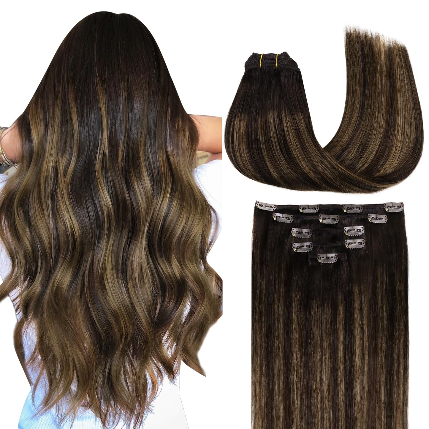 Maxita Hair Extensions Clip In Human Hair, 5Pcs 75G Balayage Dark Brown Mixed Chestnut Brown 16 Inch, Clip In Hair Extensions Re