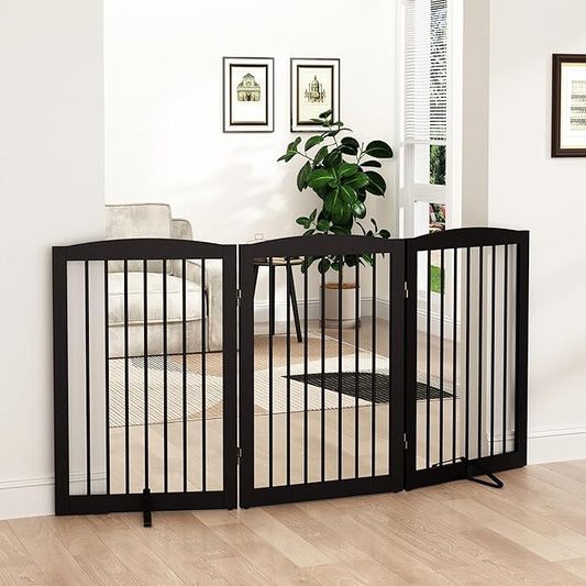 Freestanding Pet Gate for Dogs, Foldable Wooden Dog Gate for House Indoor, Tall Pet Fence for Stair, Doorway,Hall, Support Feet Included, 3 Panels 32",Brown