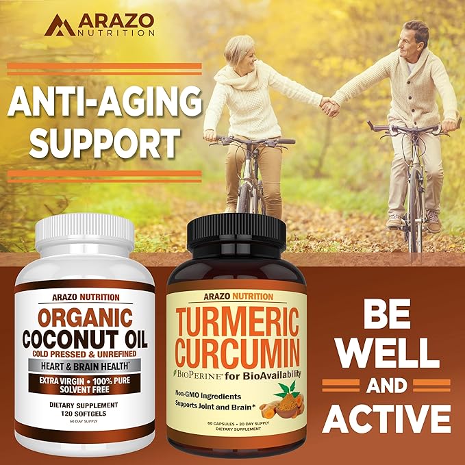 Arazo Nutrition Organic Coconut Oil 2000 MG - 100% Extra Virgin Unrefined Cold Pressed for Weight Support, Skin, Hair, Nails - 120 Softgel Capsules