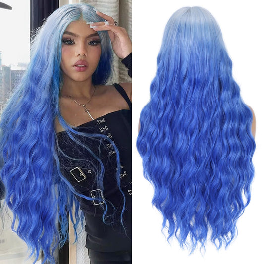 Fave Ombre Blue Wavy Wigs 28Inch Long Blue Wig Middle Part Natural Curly Wigs For White Women Light Roots Synthetic Wigs Daily P
