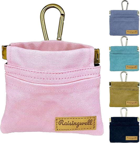 Pocket Sized Pet Training Pouch, Cotton Fabric, Hand Free Dog Walking Bag with Carabiner Self-Closing Pet Feed Snack Reward for Puppy Travel or Outdoor Use (PINK)