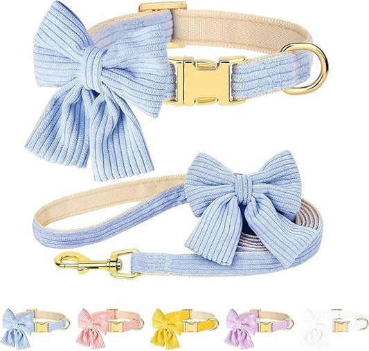 Dog Collar and Leash Set with Bowtie, Girl Dog Collars Metal Buckle Adjustable for Small Medium Dogs (Blue, S: Neck 10"-16" Leash 5 FT)