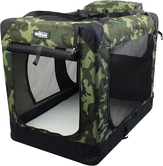 EliteField 3-Door Folding Soft Dog Crate with Carrying Bag and Fleece Bed (2 Year Warranty), Indoor & Outdoor Pet Home (42" L x 28" W x 32" H, Camo)