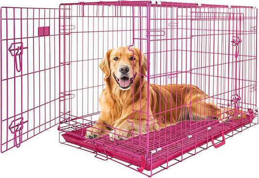 HOMEY PET Pink Dog Cage Large Dogs, Cute 42 Inch Dog Crate Big Collapsible XL Dog Kennel, Nano-Coated Metal Wire Dog Crate with Removable Floor Grid Tray, Double Doors Dual Locks, Portable Handle