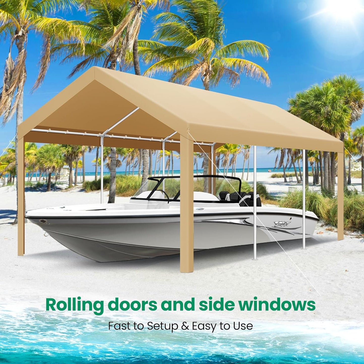 COBIZI Carports 10x20 Heavy Duty Car Tent Garage 2.0, Galvanized Frame Car Canopy Outdoor Shelter Waterproof & UV Protected with Windproof Ropes & Built-in Sandbags for Car Truck Boat, Khaki
