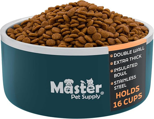 Master Pet Supply Stainless Steel Dog Bowls - 128 oz, Heavy Duty - Emerald Sea, Double Wall Extra-Thick Insulated, Non-Slip Pet Water Bowl for Dogs, Cats & Pets, Anti Rust Metal, Dish Washer Safe