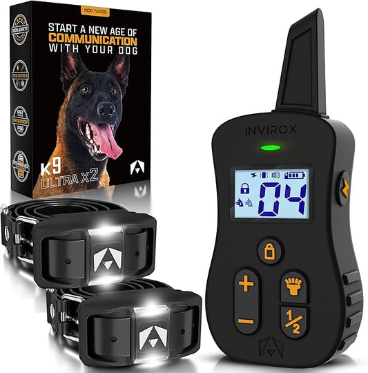 INVIROX Ultra K9 Dog Training Collar, 124 Levels for Reactive, Stubborn or Hard-to-Train Dogs, Long Range ¾ Mile, Night-Light Mode, Safe Communication, IP67 Waterproof E Collar for Large Dogs