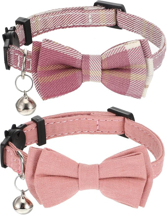 Cat Girl Collar Breakaway Bowtie - Safety Adjustable Cat Collars for Girl Cats with Bell - 7-11 Inches Length Christmas Cats Bow Tie Collar Pink