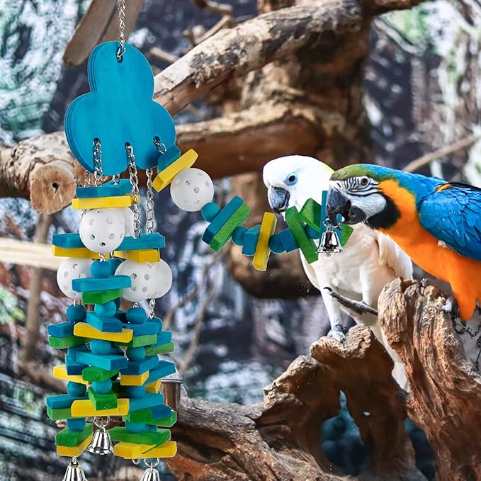 Parrot Toys for Large Birds, Parrots Chew Toy Gift with Colorful Wood Blocks and Bells for Macaws African Grey and Amazon Parrots (Blueberry Style)
