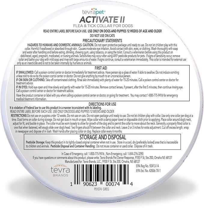 TevraPet Activate II Flea and Tick Collar for Dogs, 12 Months Prevention, 2 Count, for Medium and Large Dogs