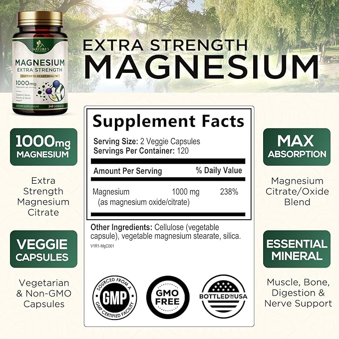 Magnesium Supplement (Citrate Oxide) 1000mg for Best Absorption, Supports Bone, Heart Health, Nerves, Muscles & Metabolism, Nature's Pure Magnesio Vitamin Pills, Bottled in USA, 240 Capsules