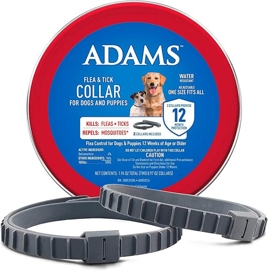 ADAMS Flea & Tick Collar for Dogs & Puppies, Flea Collar for 12 Month Prevention, Kills Fleas, Ticks & Repels Mosquitoes, Excluding California, One Size Fits All Dogs & Puppies, 2 Count
