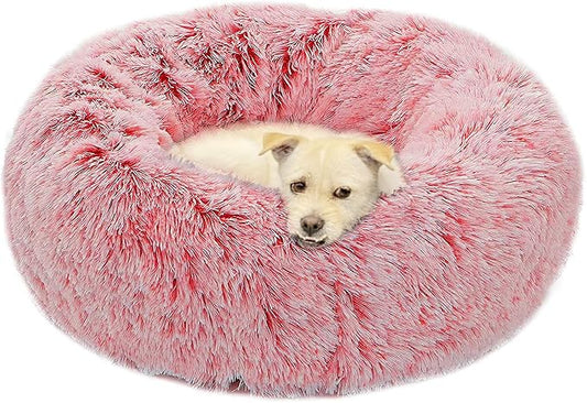 Calming Dog Bed X-Large, Soft Round Cuddler Dog Beds Fluffy Plush Faux Fur Pet Beds, Anit-Anxiety Self-Warming Comfy (32", Dark Pink)