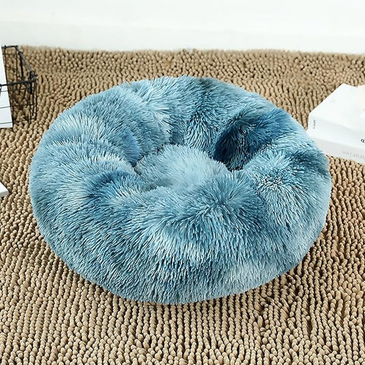 Calming Dog Bed for Small Dogs, Calming Donut Cuddler Pet Bed Anti Anxiety Round Dog Bed Fluffy Plush Faux Fur Cat Bed,Navy Blue,15.7IN